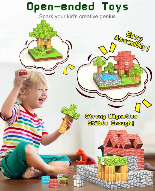 100 Magnetiska Byggklossar – Minecraft-Inspirerat Byggset för Barn | STEM & Sensorisk Leksak 4–12 år